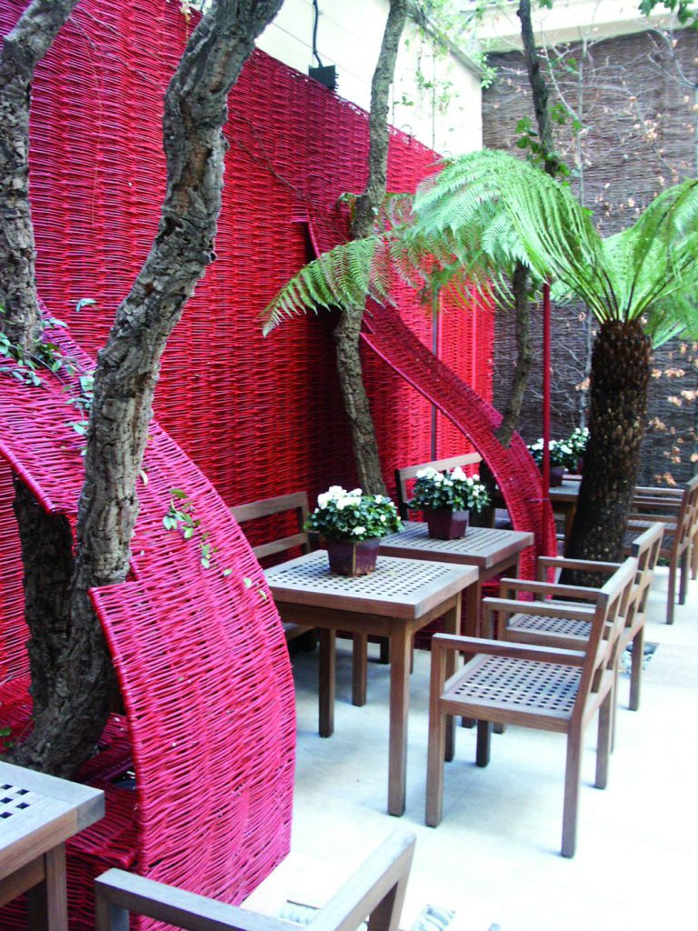Terrasse avec écran d'osier rouge